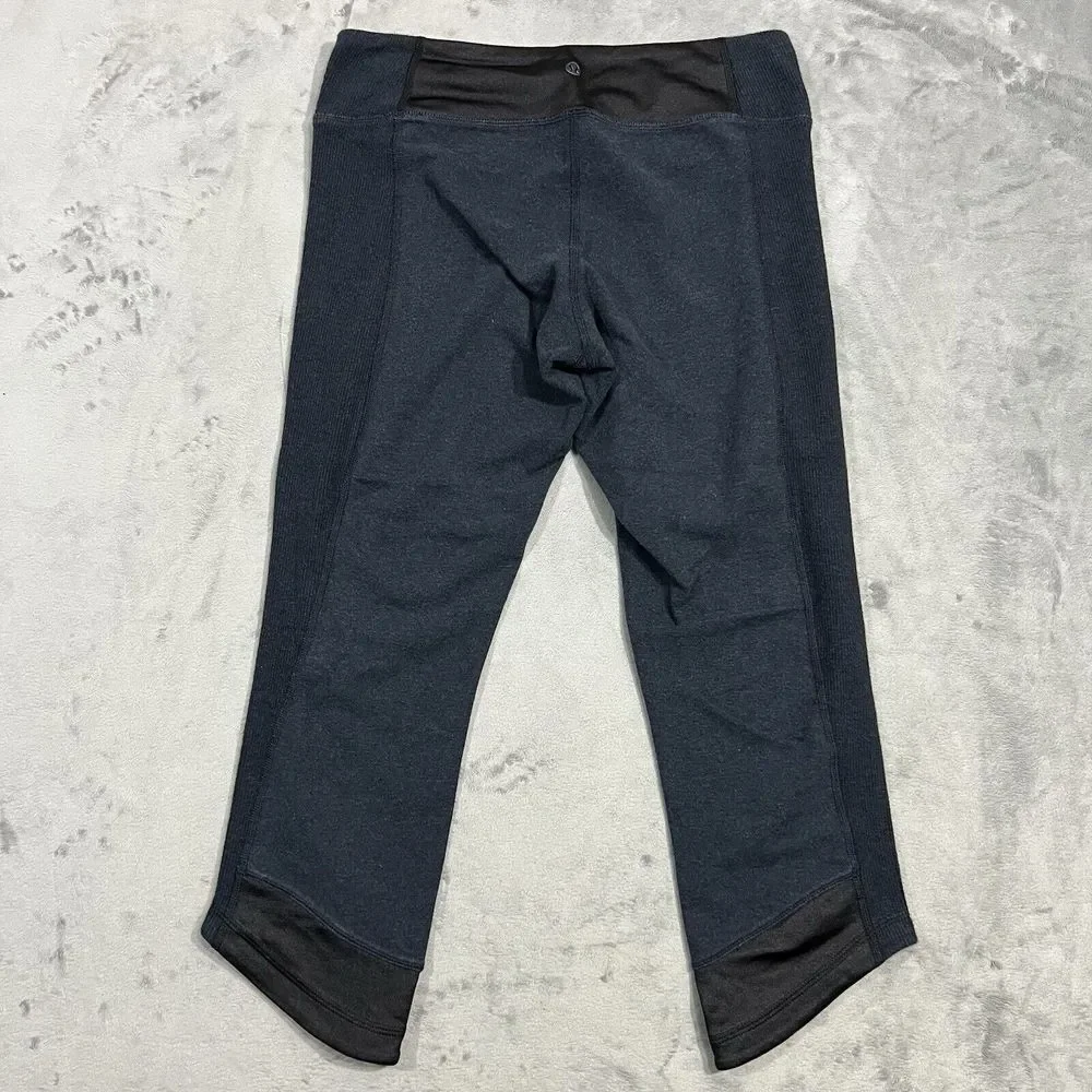Lululemon Wunder Under‎ Sashiko Crop Leggings Size 6 Navy Blue Black Satin Trim